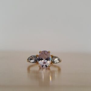 Gold-tone Ring with Lavender Center Stone and Blue Side Stones